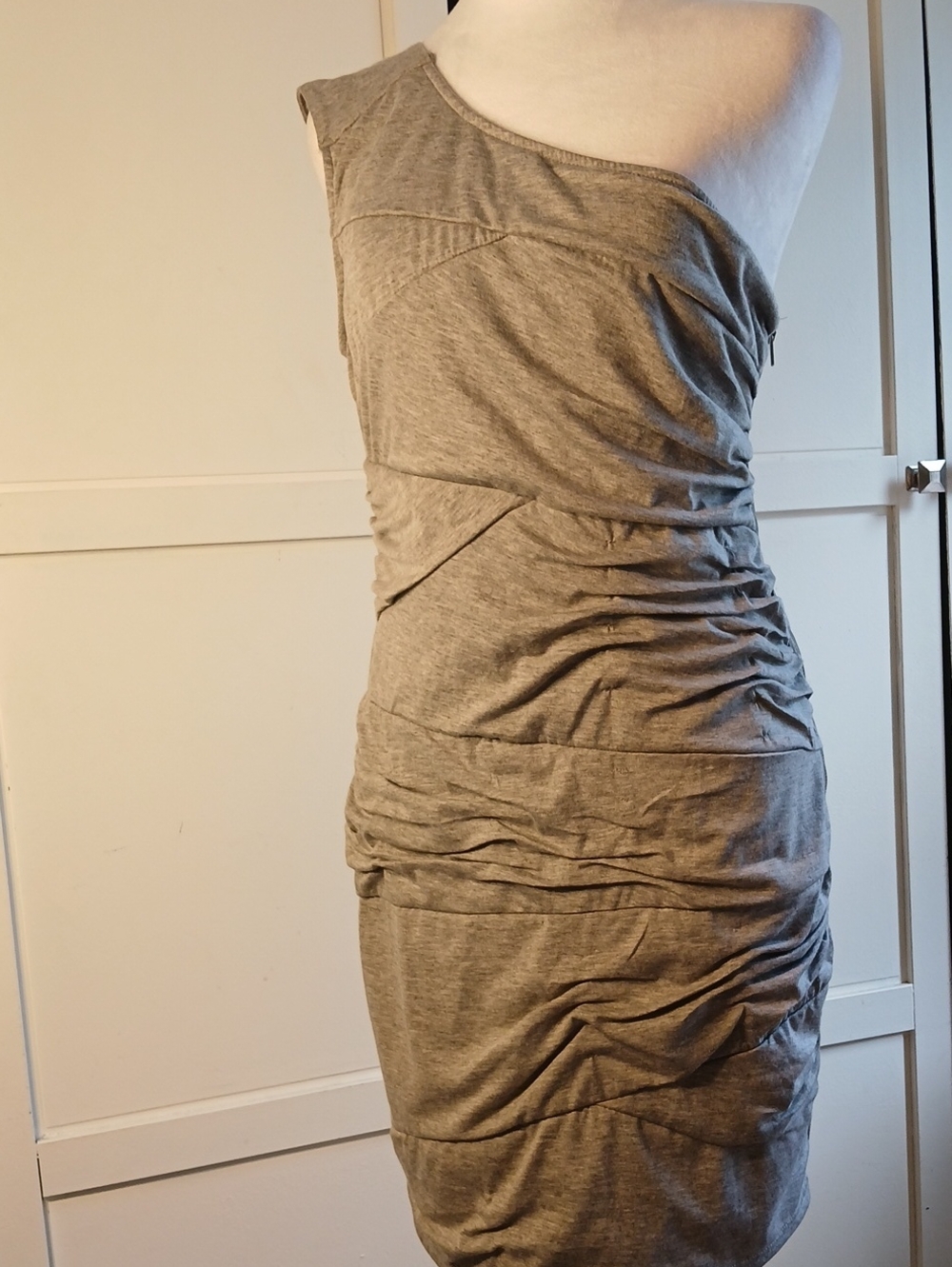 Sleeveless One-Shoulder Ruched Bodycon Dress - Gray NWT